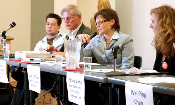allcand1 Questions were asked of Dana Miller regarding her decision to leave the Green Party and join the Liberal Party last year. She said that she joined the Liberals when former environment minister Stephane Dion became the leader. (Joseph Gloria photo)