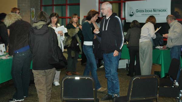 audience Members of the audience for the first Green Wednesday, held at the Langley campus last week, mingle after the presentation of the documentary King Corn. (Cori Alfreds photo)