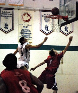 kwantleneagles Kwantlen Eagles' Nick Lafleur (9), propels the ball towards the basket, during the final tournament game on Sunday, Oct. 19. (Rachelle Ashe Photo)