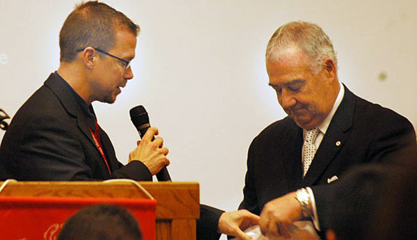leadership-speakers Kurt Penner, Coordinator of the first Leadership Conference, thanks Peter Legge, an award winning motivational business speaker at the first annual Leadership Conference held at Kwantlen's Surrey campus on Nov. 8. (Cori Alfreds photo)