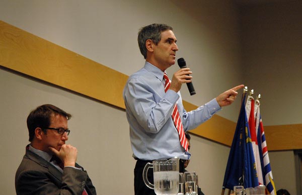michael Scott Brisson (left) and Michael Ignatieff, during the Liberal leader's speech to students Jan. 15. (Nick Majors photo)