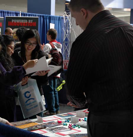 students_explore-career-options Kwantlen students Crishna Delleva and Shirley Chan explore their career options in the Kwantlen Richmond campus rotunda.