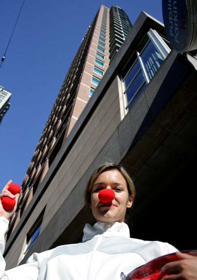comedy Kwantlen PR program alumni Karin Lornsen hams it up at the Westin Grand Hotel on Robson Street in Vancouver, the headquarters for ComedyFest Vancouver during the festival. (Justin Langille photo)