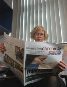 beverley_web2 Beverley Sinclair, chair of Kwantlen's Journalism program, soaks in the latest issue of the Chronicle, which as of 2011 will be based in Surrey.