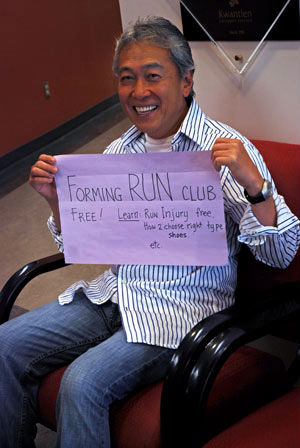 Kwantlen begins big fitness push Elmo Lara, a Student Health Improvement Program coordinator for the KSA, was recruiting students outside Surrey's KSA office on Oct. 5 for the soon-to-come run club. He's working to create programs that show students the relationship between fitness and school success. (Sarah Jackson photo)