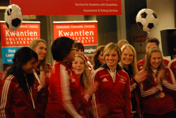 Eagles The Kwantlen Eagles woman's soccer team are greeted with a huge round of applause.