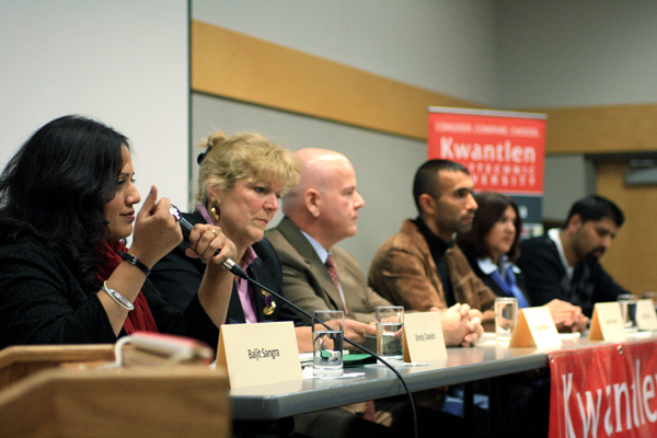 panel1 The panel, from Left to right: director Baljit Sangra, crown counsel Wendy Dawson, RCMP superintendent Dan Malo, Jagdeep Singh Mangat, Sociologist Indira Prahst and Sukh Rai vice principal of Frankhurt Secondary School.