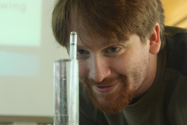 Nathan Griffiths of the Kwantlen Student Association. Nathan Griffiths shows how to use a hydrometer to measure alcohol at the Cloverdale campus on Jan. 19. (Jacob Zinn photo)