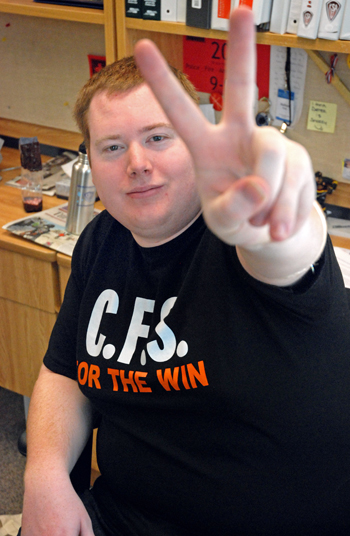 KSA v. CFS results Derek Robertson holds up the victory sign after the BC Supreme Court ruled in favour of the KSA, ordering him to be accepted as Kwantlen's representative on the CFS-BC's board of directors immediately. (Sarah Jackson photo)