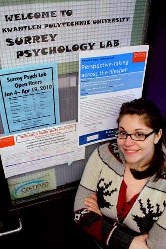 hayley2 Hayley Leveque, a fourth-year psychology student, stands at the entrance to the room where she interviews her subjects. Leveque said her field of study, sexual psychology, is uncommon due to its taboo nature. (Mitch Thompson photo